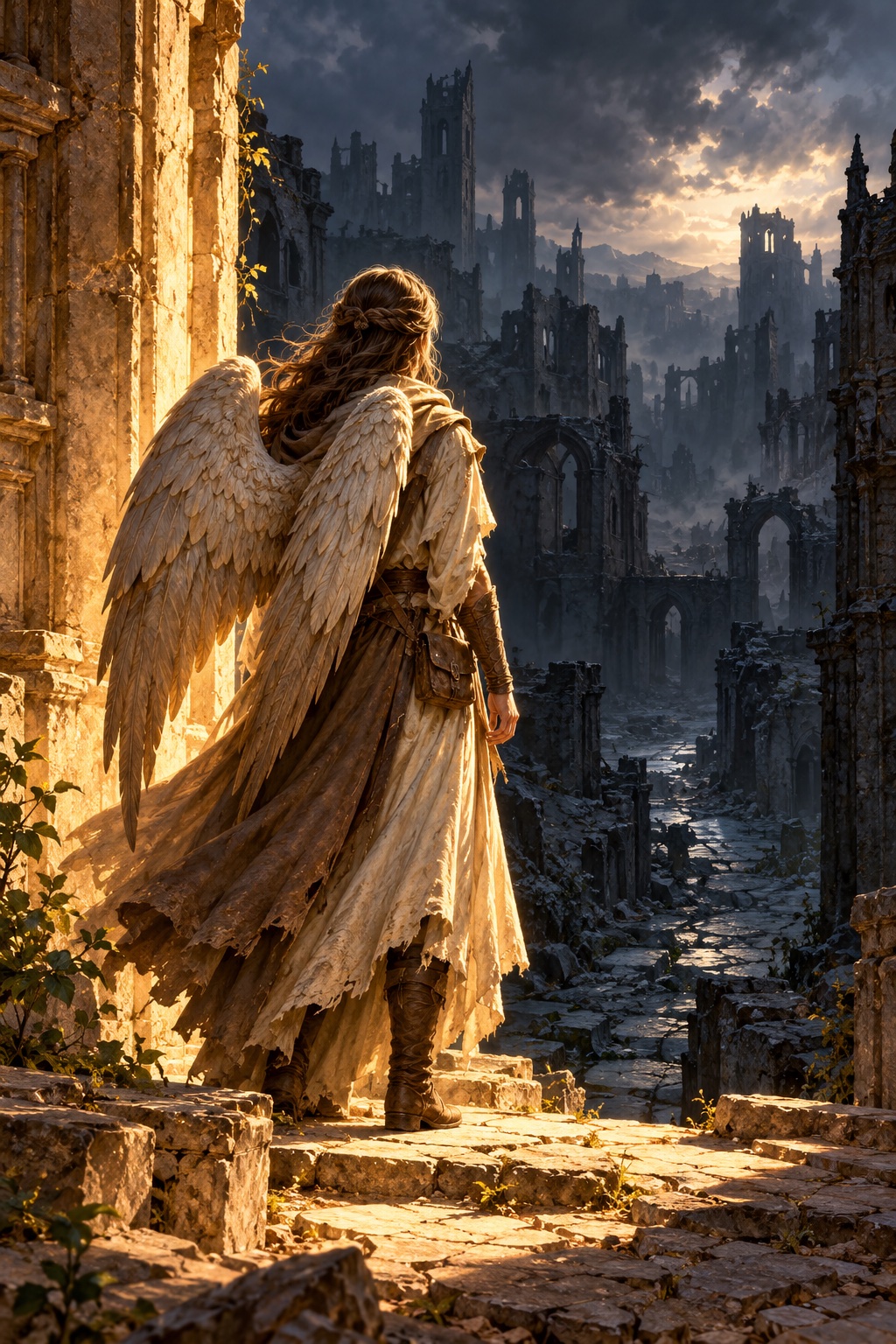 Concept artwork for Between Light and Fallen: an angelic rescuer faces a shadowed city at the edge of warm light.