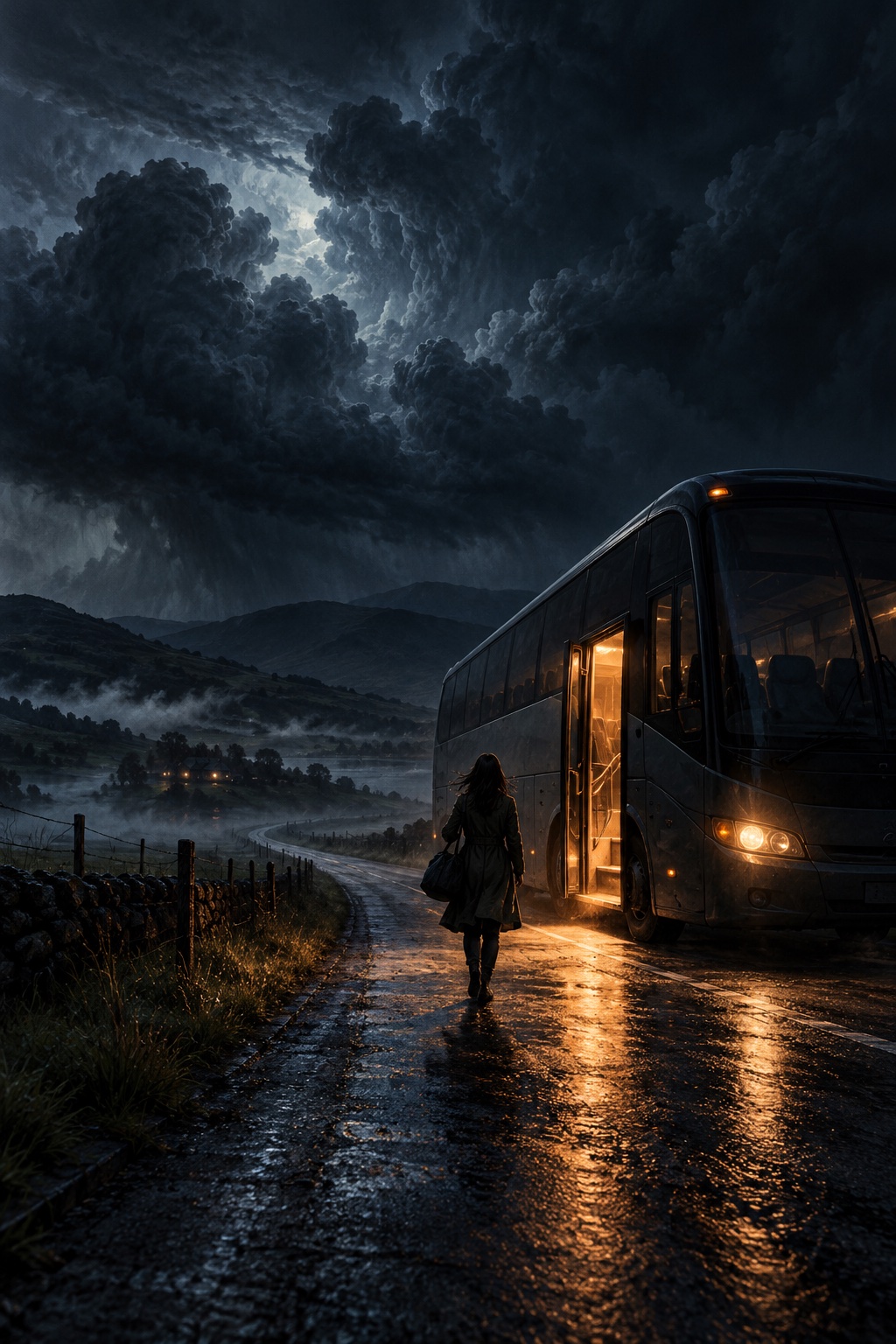 Concept artwork for Meridian Passage: a lone traveler approaches a warmly lit overnight coach beneath a stormy night sky.