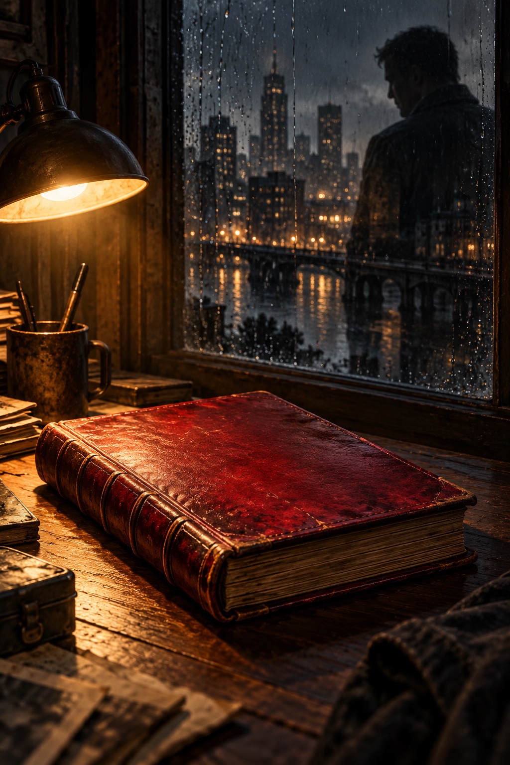 Concept artwork for The Debt Collector’s Son: a worn red ledger rests under a desk lamp by a rain-streaked city window.