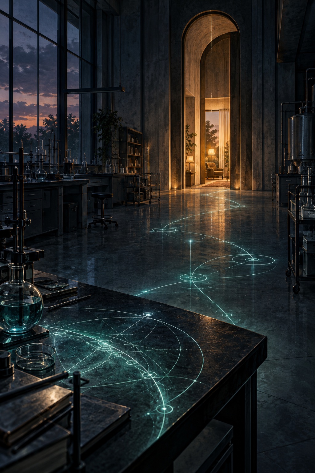Concept artwork for The Mercy Gate: a luminous route winds through a deserted laboratory toward a mysterious threshold.
