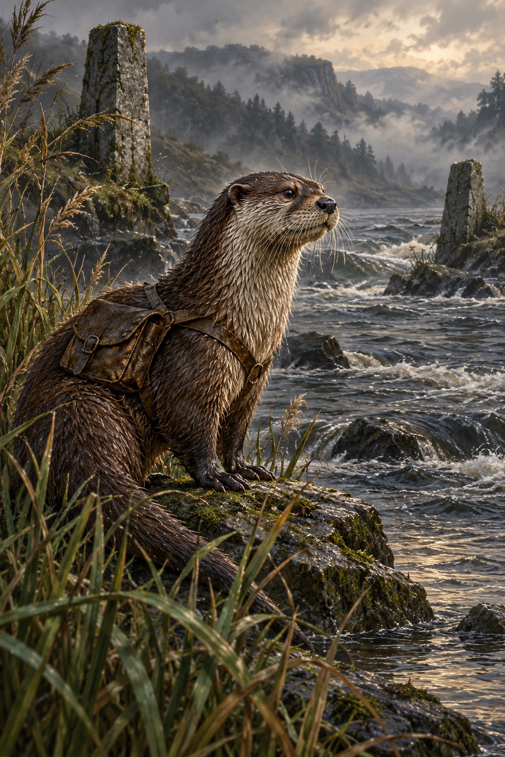 Concept artwork for The Stillwater Crossing: an otter courier with a satchel watches an atmospheric river crossing.