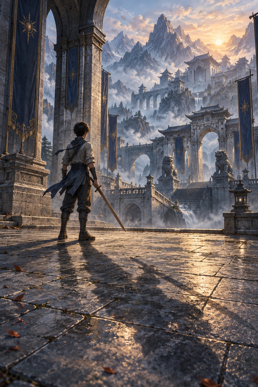 Concept artwork for The Warrior They Buried: a young apprentice swordsman faces a mountain academy at dawn.